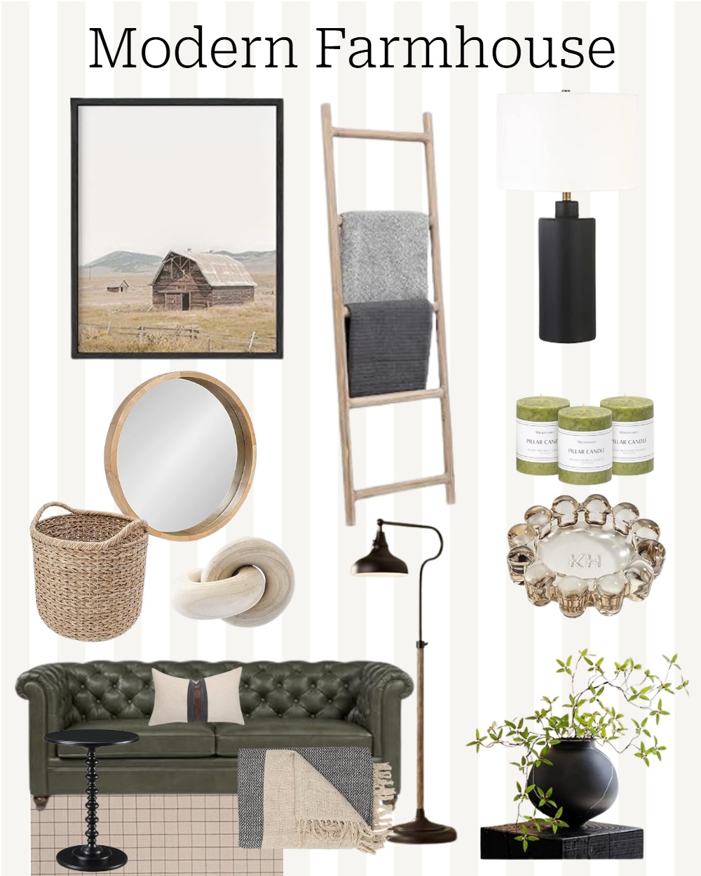 Modern farmhouse moodboard with wall art, towel ladder, lamp, round mirror, wicker basket, and a green tufted sofa with throw blankets.